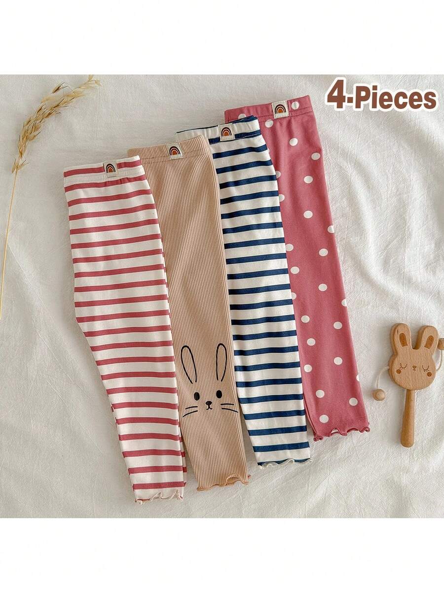 Loomiva 4件套女婴花卉条纹图案柔软棉质针织弹力腰时尚紧身裤