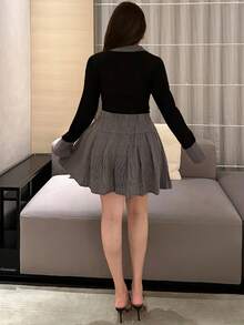 Vibekara Plus Size Ribbed Contrast Color Ribbed Pullover T-Shirt And Elastic Waist Pleated Skirt 2 Pieces Set Fall Cloth For Women - Multicolor - View 2