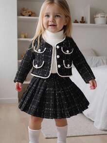 SHEIN 2pcs Baby Girl Autumn/Winter New Style 2025 Korean Fashion Set, Stylish Ribbon Pocket Decorated Cardigan & Pleated Skirt, Elegant Princess Outfit For Party/Birthday Fall - Black - View 3