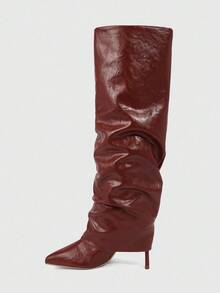 CUCCOO SZL Botas de tacón de aguja de punta fina para mujer, diseño de material de doble capa de PU marrón, moda minimalista cómoda para uso diario, fiesta, evento, con cremallera lateral y de fácil puesta