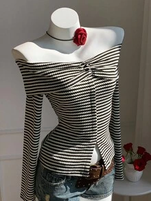 Comfortcana Áo thun nữ dài tay trễ vai kẻ sọc xếp nếp thường ngày - Đen và trắng - Xem 1