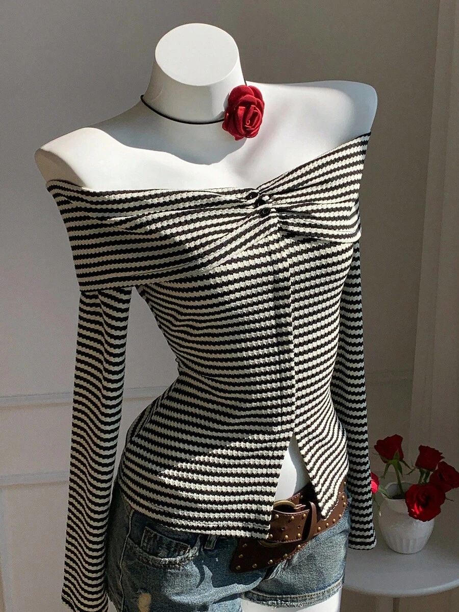 Comfortcana Áo thun nữ dài tay trễ vai kẻ sọc xếp nếp thường ngày - Đen và trắng - Xem 1