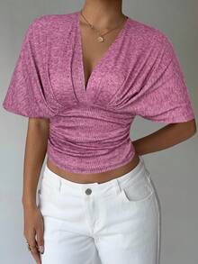 Aloruh Apricot Deep V Ruched Short Sleeve Tight Fitted Women T-Shirt - Burgundy - View 4