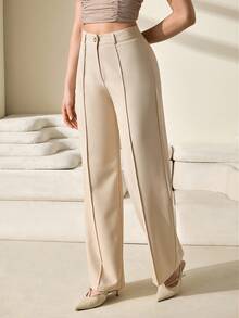 CLARA VERO Women's Solid Color High Waist Toothpick Stripe Design Straight Leg Casual Office Pants - Beige - View 5