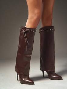 SHUZIA Women's Glamorous Pointy Toe Stiletto Heel Knee High Boots With Rivet Strap Decor - Chocolate Brown - View 2