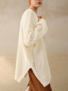 INAWLY Cardigan feminino de malha longa, solto, com ombros caídos, cor sólida, outono/inverno - Branco - Ver 5