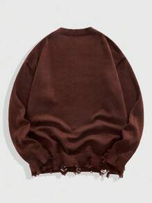 ROMWE MEN ROMWE Avant Men's Crew Neck Distressed Figure Pattern Sweater, Fall Winter - Mocha Brown - View 2