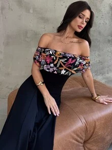 Aloruh 女士花卉亮片露肩连衣裙，优雅迷人 - 黑色 - 查看 8