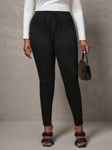 SHEIN Tall CURVE سراويل ضيقة بلون أحادي من الأنسجة المحبوكة المرنة، مناسبة للخريف والشتاء - الأسود - مشاهدة 3