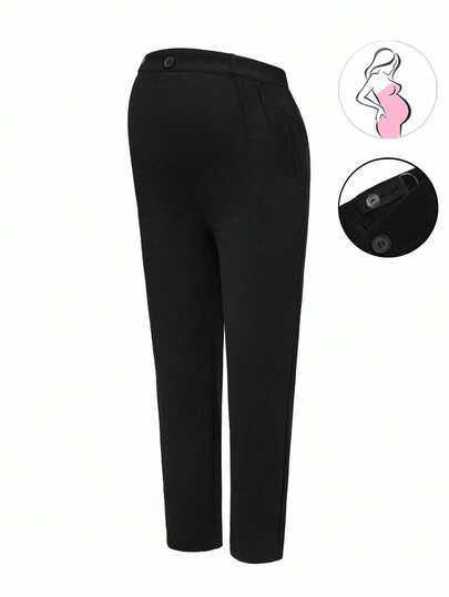 SHEIN Maternity Solid Color Casual Versatile Tapered Fashion Pants, Black, For Women