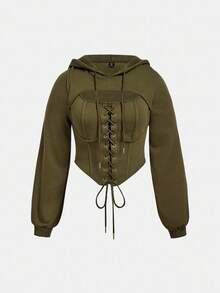 SHEIN MOD Áo sweatshirt dài tay dáng ôm, màu trơn, cỡ lớn, kiểu dáng thường ngày, thắt nơ phía trước, thích hợp cho mùa thu/đông. - xanh quân đội - Xem 1