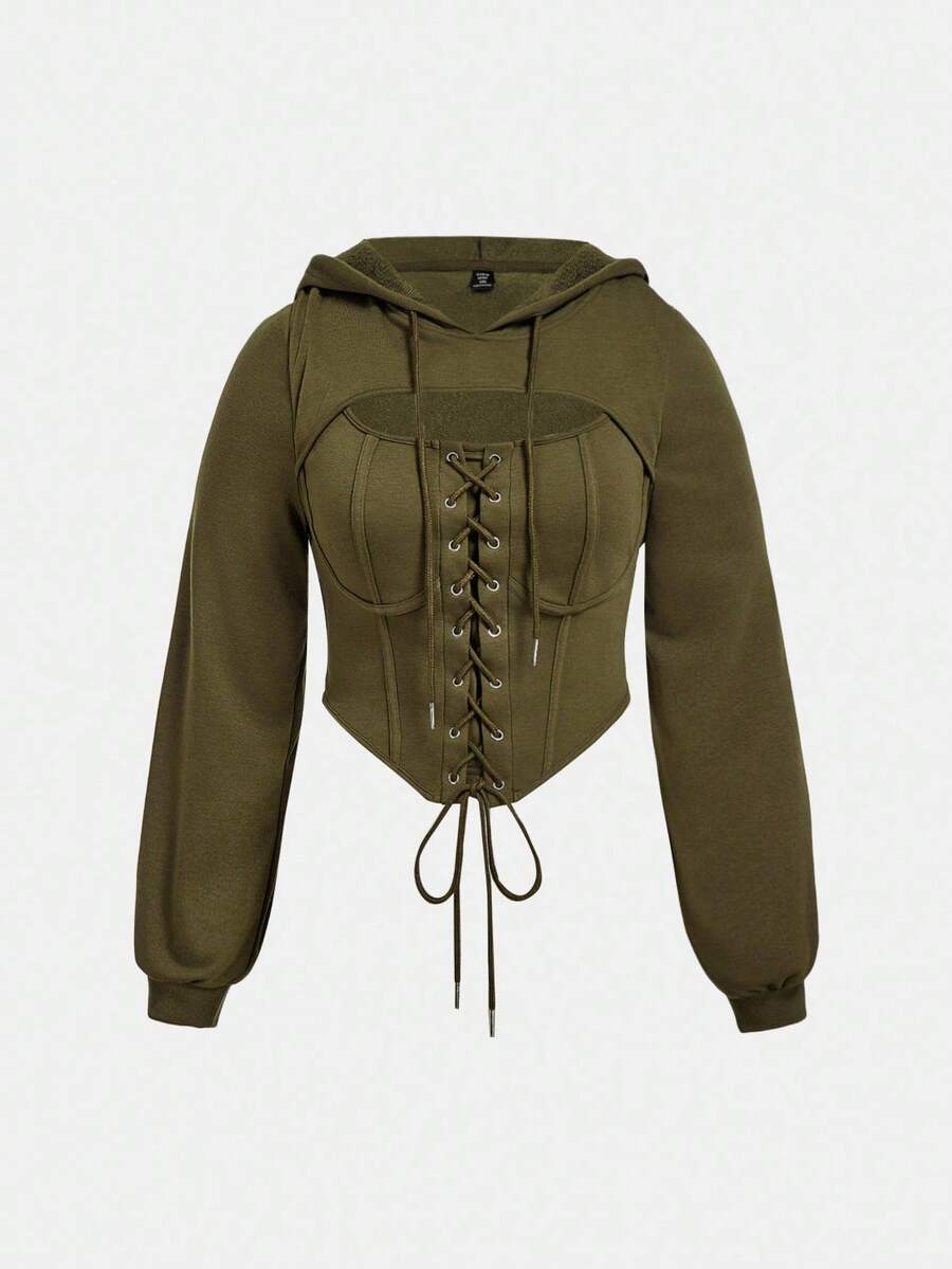 SHEIN MOD Áo sweatshirt dài tay dáng ôm, màu trơn, cỡ lớn, kiểu dáng thường ngày, thắt nơ phía trước, thích hợp cho mùa thu/đông. - xanh quân đội - Xem 1