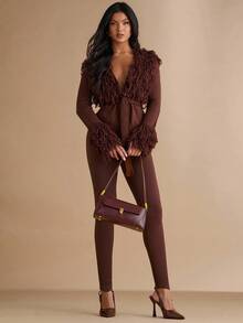 Silquee Damen Lässig einfarbige Langarm Bindegürtel Strickjacke Ausgehoberbekleidung, Büro Fransentops, Musik Festival Tops, Taille raffende Tops und Ausgehtops für Herbst/Winter - Braun - Übersicht 3