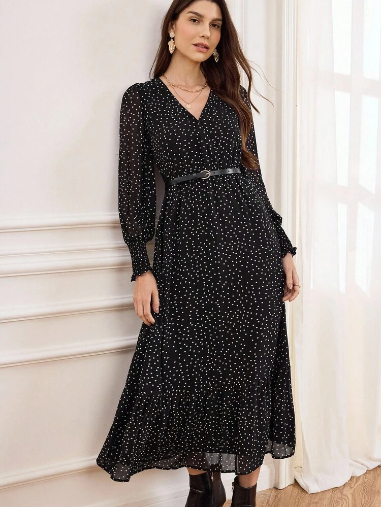 Fall/Winter Women's Polka Elegant Dress For Women In Autumn And Winter, With Elastic Cuffs And Puff Sleeves, Elegant Chiffon Dress