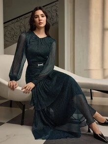 ZEYLAH Elegant Twist Neck Ruched Waist Dress - Black - View 1
