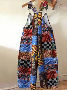 Linhara Plus Size Women Casual Bohemian Floral Print Jumpsuit, Suitable For Vacation