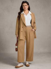 Zelara Plus Size Women's Linen-Like Slub Fabric Solid Color Asymmetrical Collar Long Sleeve Jacket And Pants Suit Set Fall Women Clothes Back To School Homecoming Business Casual Woman Country Concert Outfit Modest Old Money Stockholm Style Office Wear Teacher Outfits For Women Fall Women Clothes Korean Style Business Casual Women Teacher Outfits For Women Homecoming