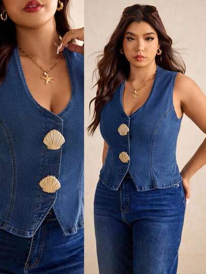 Elaquor 加大码蓝色牛仔上衣无袖背心漂亮金属贝壳纽扣秋季法式装法式复古风牛仔上衣