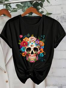 INAWLY LUNE-D 女款骷髅印花 Polo 领短袖 T 恤 女款图案上衣