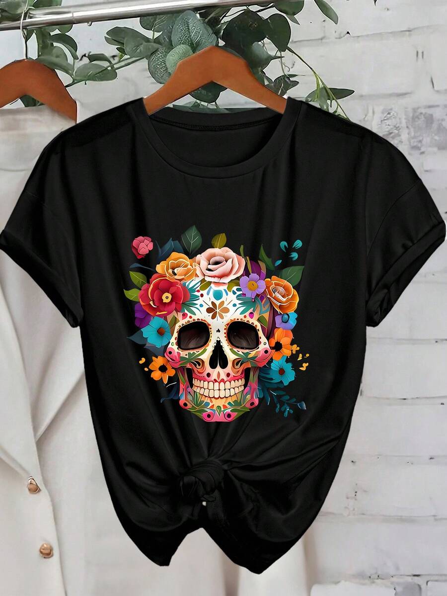 INAWLY LUNE-D 女款骷髅印花 Polo 领短袖 T 恤 女款图案上衣