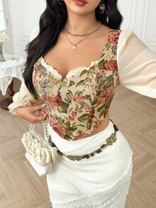 Dreamara 大码女式度假荷叶边装饰领口灯笼袖复古秋季衬衫