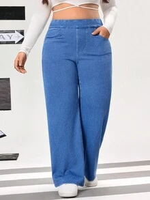 Flexra 大码女式休闲宽松阔腿牛仔裤 - 藍色 - 查看 4