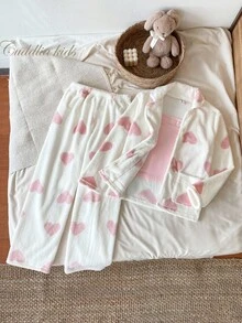 Genkimix Kids 3 件套女童心形图案开衫、吊带背心和毛绒裤休闲舒适睡衣套装 - 白色 - 查看 3