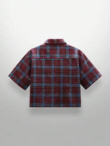 NEON BLANC Men's Street Fashion Woven Rhinestone Spider Web Plaid Short Sleeve Shirt, Halloween - Red - View 3