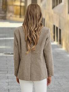 Solivie 女士秋冬格纹复古西装外套 - 卡其色 - 查看 2