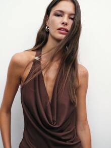Nöista Brown Halter Top With Draped Cowl Neckline And Metal Ring Detail. Sexy Y2K Going-Out Top Perfect For Parties, Date Nights, Or Chic Summer Looks. Women's Sleeveless Crop-Style Halter Shirt. - Brown - View 4