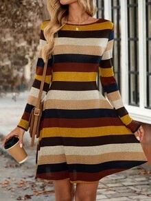 EMERY ROSE Women's Casual Colorblock Striped Mini Dress,Golden Yellow Autumn Long Sleeve Earth Tone Outfits,90s Retro School Back-To-School Halloween Costume - Multicolor - View 7