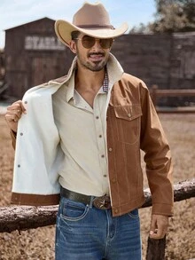 Manfinity Nomadique 男士长袖时尚休闲复古灯芯绒抓绒外套，秋冬款 - 棕色 - 查看 7