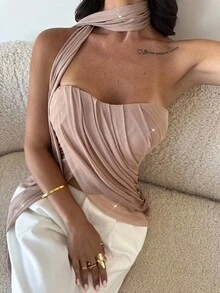 Firerie Eleganckie, falbaniaste, połyskujące bluzki damskie z siateczki/Ubrania jesienne/Eleganckie bluzki damskie/Szykowne bluzki/Szykowne bluzki jesienne/Stroje na randkę/Bluzki na imprezę - Kolor khaki - Zobacz 2