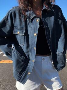 DAZY 女式宽松牛仔夹克，有领，有大口袋 - 藍色 - 查看 4