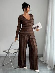 Elenzga Ensemble 2 pièces casual pour femmes grandes tailles, Top à manches longues col V texturé couleur unie et pantalon large - Marron - Voir 5