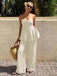 DAZY Women's Solid Color Knotted Ruched Babydoll Tube Top & Wide Leg Pants 2 Pieces Set, Spring/Summer - Beige - View 3