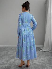 Momance 舒适的条纹花卉印花长袖孕妇装 - 藍白色 - 查看 3