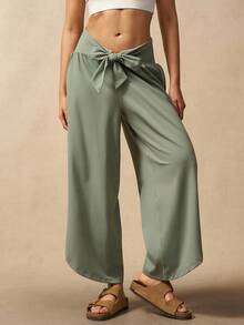 VARSIVA 女士纯色打结腰部阔腿宽松休闲裤 - 綠色 - 查看 6