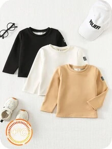 SHEIN 3 pièces/set T-shirt à col ras du cou épais à manches longues pour jeune garçon, hauts de base polyvalents et confortables, convenant pour l'intérieur, l'extérieur, le port quotidien, les sports, les jeux, les fêtes, les séances photo, la rentrée scolaire, les festivals comme Halloween, Noël, Nouvel An, l'automne/hiver - Multicolore - Voir 6