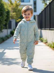 SHEIN Zielony, teksturowany, termiczny, podszyty, swobodny, w stylu vintage, chłopięcy kombinezon typu "wszystko w jednym", z kapturem i długim rękawem, odpowiedni do zabawy na śniegu, na jesień/zimę