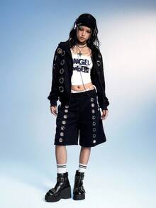 Sugerpunk 女士时尚休闲派对舒适透气踝靴，哥特风双带金属扣后拉链，黑色朋克粗跟踝靴 - 黑色 - 查看 3