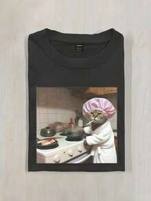 INAWLY 女式修身T恤，饰有有趣的猫咪厨师图案，休闲夏季上衣 - 深灰色 - 查看 3