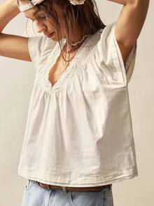 Bohemela 女式休闲宽松纯色短袖大码衬衫，夏季 - 杏色 - 查看 9