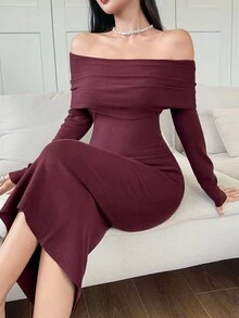 DAZY فستان كنزة صوفية أنيق بلون أحادي منسدل عن الكتف، خريفي - عنابي اللون - مشاهدة 6