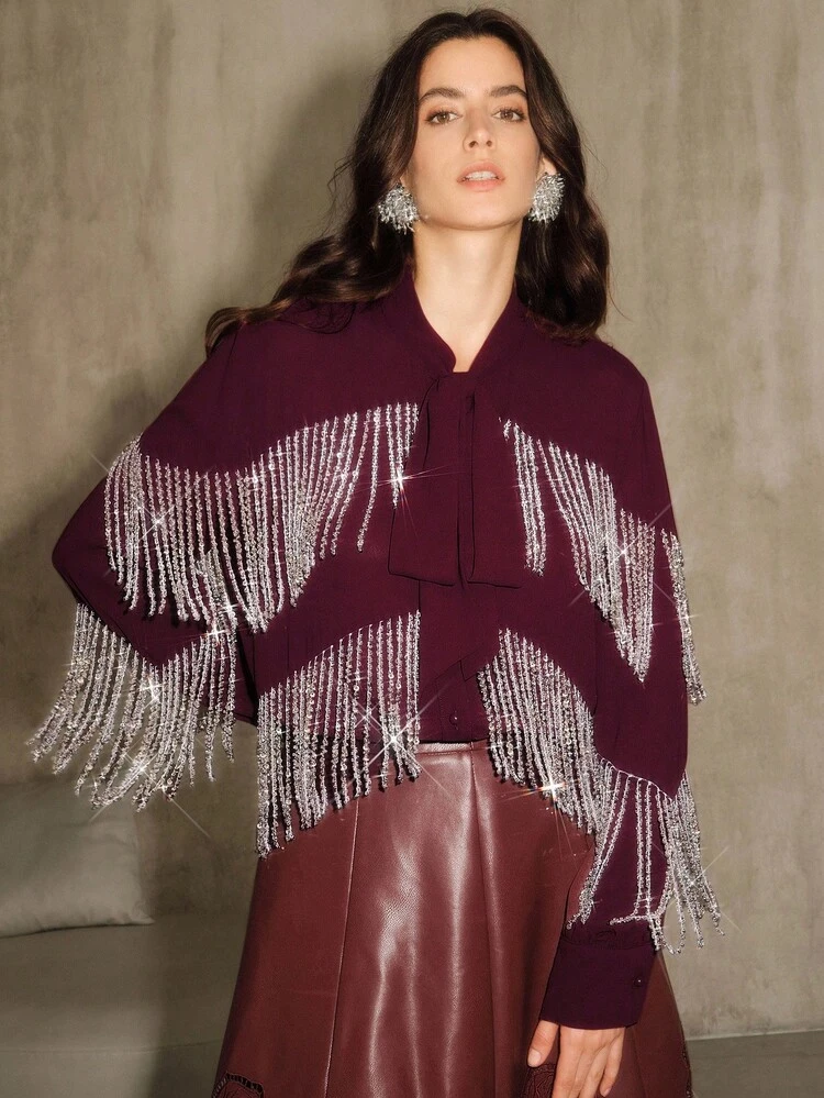 Women's Elegant Blouse, Minimalist Commuter Style, Tie-Front Fringe Blouse