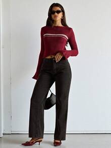 SHEIN BAE 女式简约常规喇叭袖圆领毛衣上衣 - 酒紅色 - 查看 7