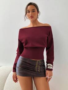 Aloruh Jersey marrón de ajuste ceñido con hombro asimétrico acanalado para mujer, para otoño/invierno