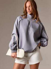 AiiRZ Chaqueta deportiva con cremallera de cuarto para mujer de talla grande, chaqueta informal de punto ligera con puños y cuello acanalados para otoño, invierno y primavera - Gris - Ver 1