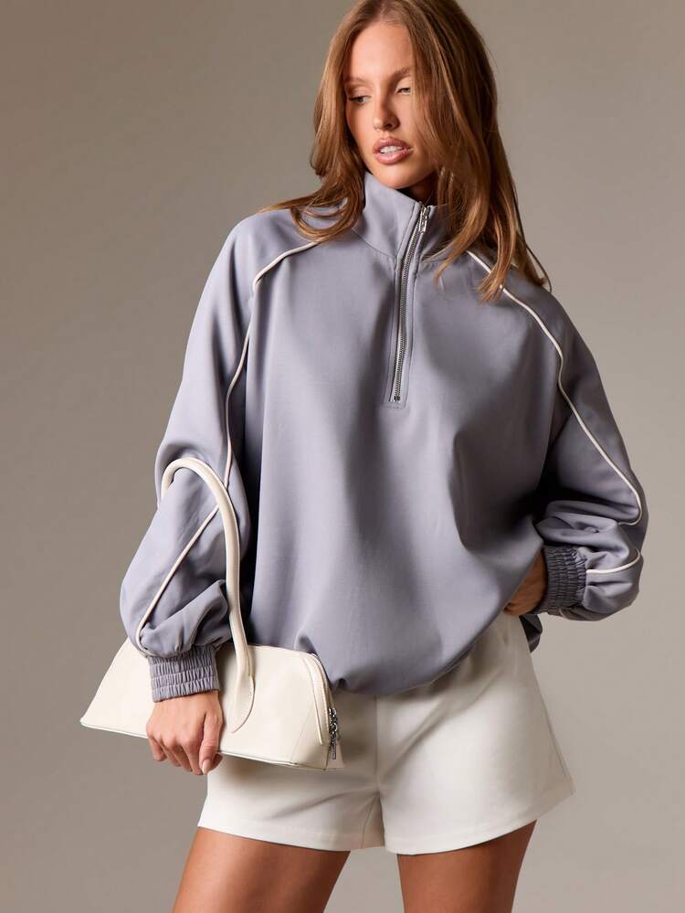 Oversized Quarter Zip Track Jacket With Ribbed Cuffs