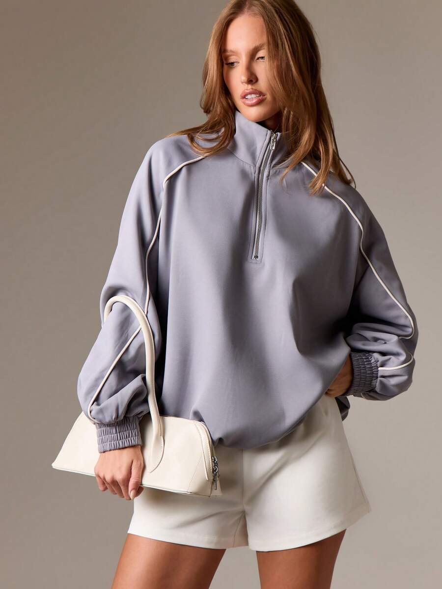 AiiRZ Chaqueta deportiva con cremallera de cuarto para mujer de talla grande, chaqueta informal de punto ligera con puños y cuello acanalados para otoño, invierno y primavera - Gris - Ver 1